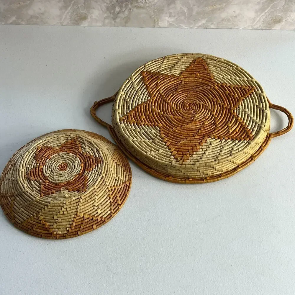 Set of 2 Round Coiled Woven Natural Baskets Double Handles Decor